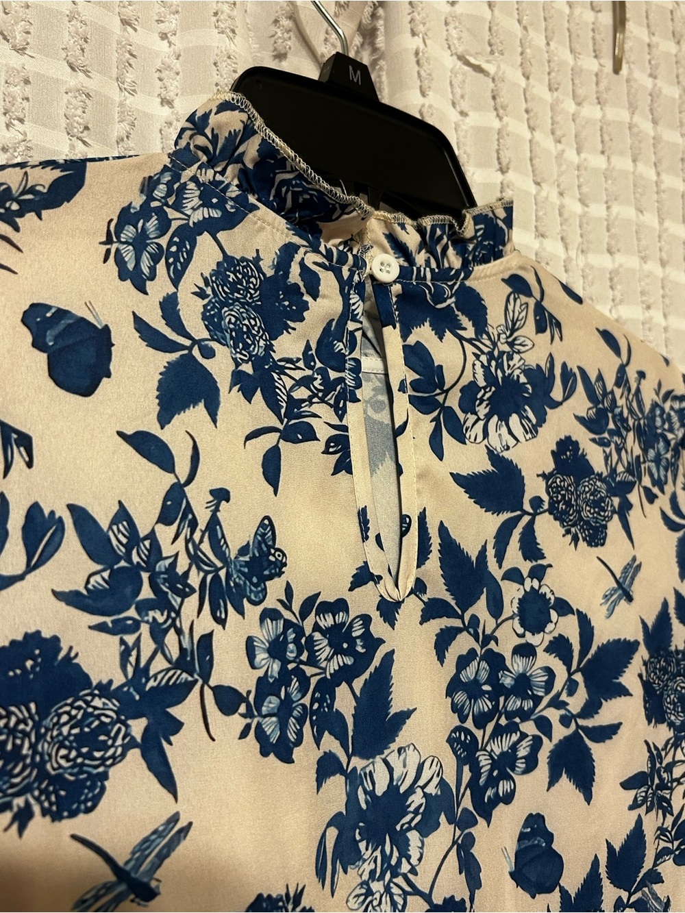 Floral Toile Ruffle Neck Blouse Blue Cream Long Sleeve Top Women's Small - Picture 4 of 6
